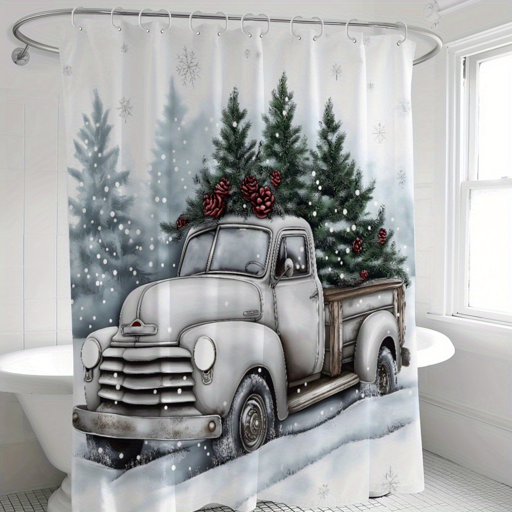 

Winter Wonderland And Christmas Tree Decorative Bath Panel - Polyester Woven Fabric, Water-resistant Bathroom Accessory With Eyelet, Easy Clean, Includes 12 Hook Set