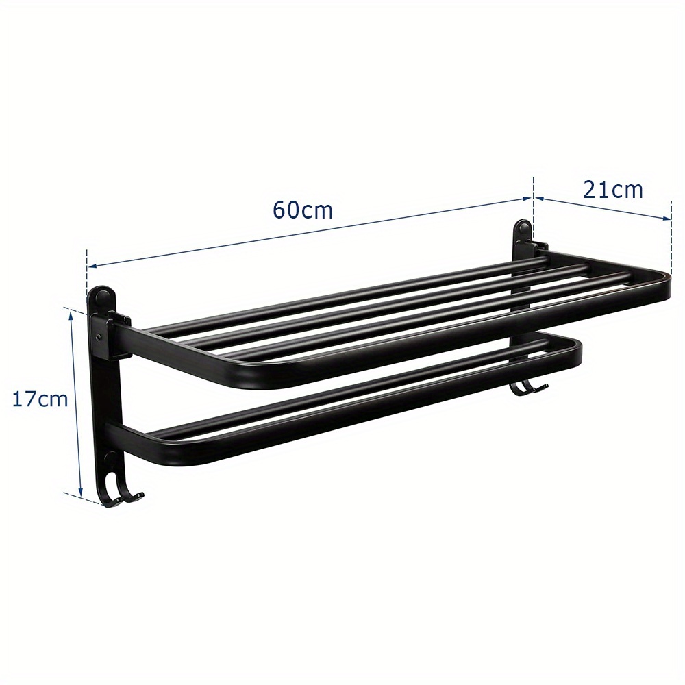 Towel Rack, Wall Mounted Aluminum Towel Rack, Double Towel Rack, Multifunctional Towel Rack, 60 X21x17cm, Black, Towel Racks