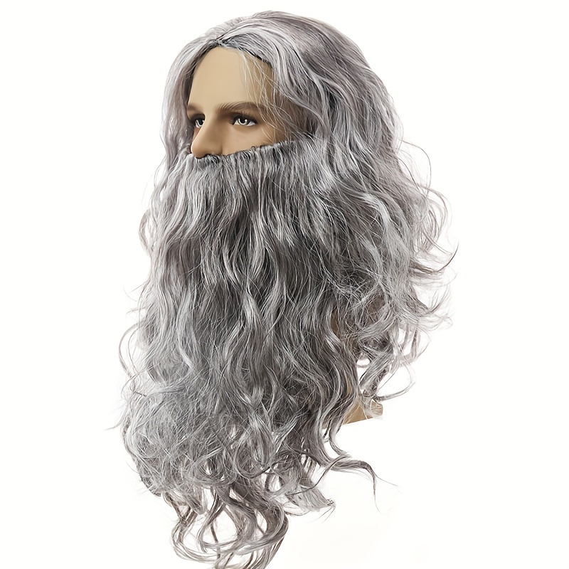 Grey Wavy Beard Wig - Heat Resistant Synthetic Cosplay Accessory For Halloween & Christmas Parties