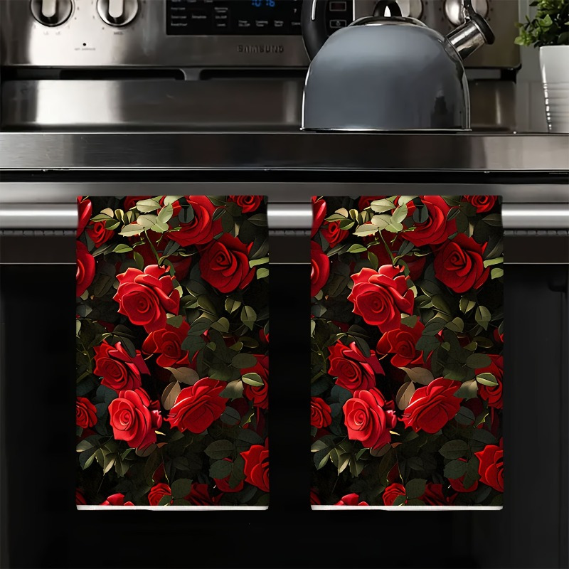 

2pcs Set Polyester Kitchen Towels With Rose Pattern - Cooking, Baking & Dining Decor, Machine Washable