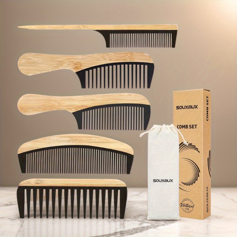 

1 Set Of 5- Comb For Portable Styling Pointed Tail Comb And Spliced Wood Tooth Comb. Comb A Cloth Bag For