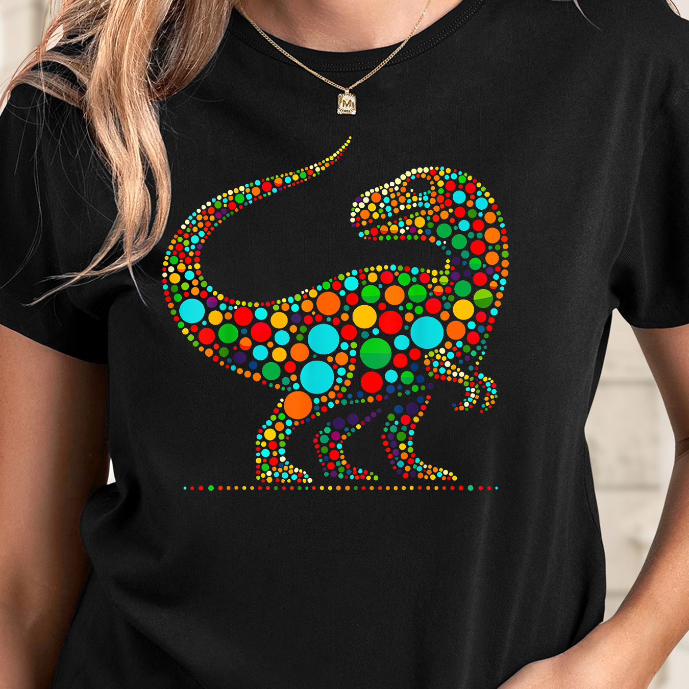 

Colorful Polka Dot Dinosaur Neck T-shirt - Women's Polyester Blend Casual Tee With Short Sleeves And Slight Stretch For