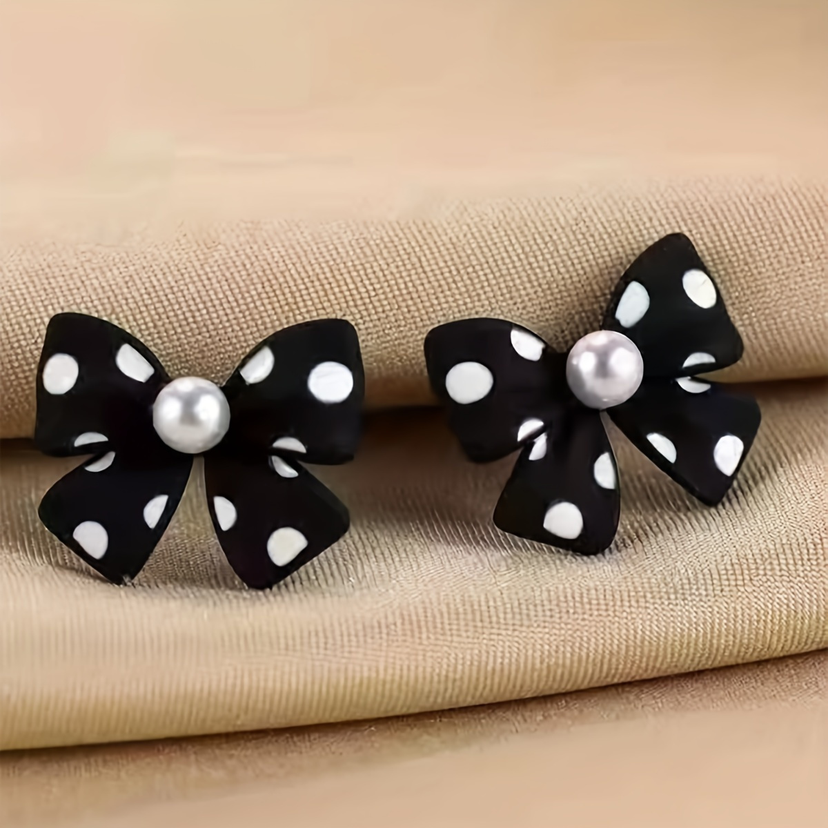 TEMU Chic Black & White Polka Dot Bow Earrings With Pearl Center - Alloy, Fashion Accessory, Ideal Gift For Women For Christmas, Halloween, Valentine's Day