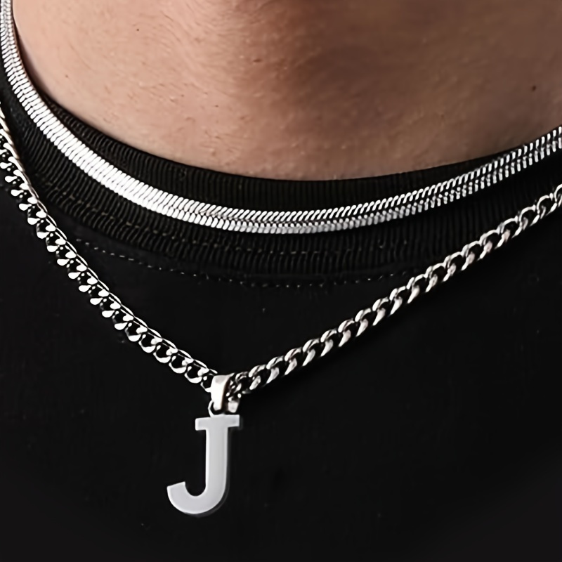 TEMU 1 Layered A-z Pendant Necklace, Suitable For Men And Boys, Stainless Steel Letter Cuban Chain Herringbone Necklace, Fashionable Jewelry Gift -