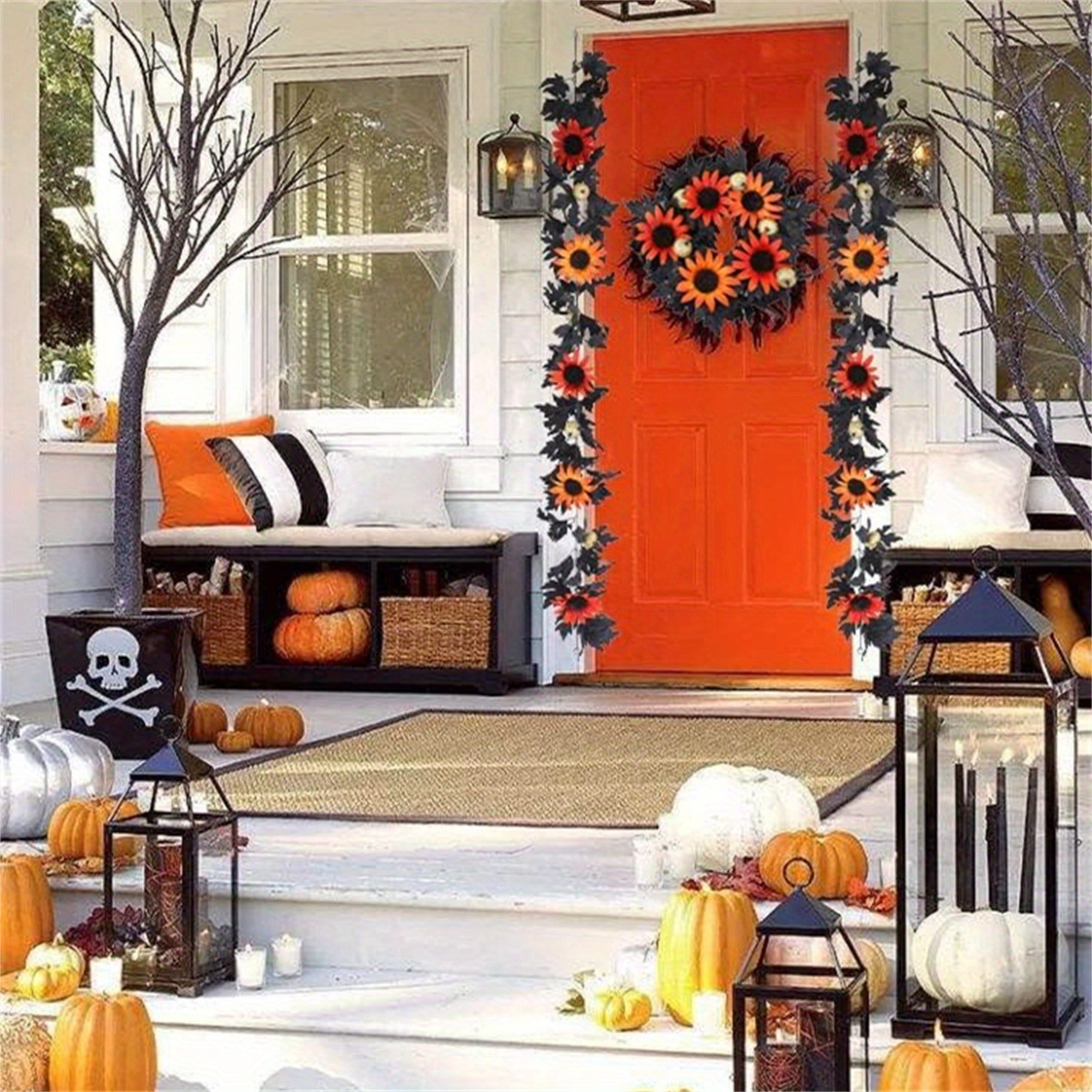 

6ft Black Halloween Fall Garland For Mantle, Artificial Fall Garland Hanging Pumpkins Sunflowers Autumn Fake Garland For Outdoor Thanksgiving Party Home Decor