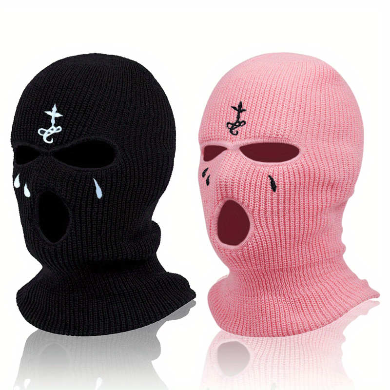 2pcs Embroidered 3-Hole Balaclava - Soft, Warm Knit Face Mask for Winter Sports & Outdoor Activities, Stretchy Acrylic Fabric details 3