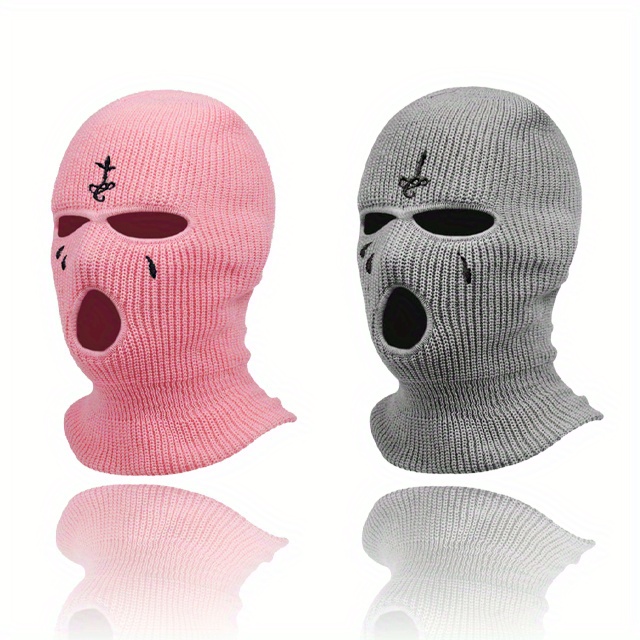 2pcs Embroidered 3-Hole Balaclava - Soft, Warm Knit Face Mask for Winter Sports & Outdoor Activities, Stretchy Acrylic Fabric details 4