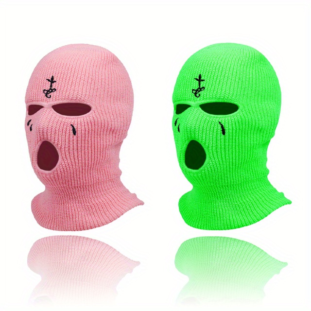 2pcs Embroidered 3-Hole Balaclava - Soft, Warm Knit Face Mask for Winter Sports & Outdoor Activities, Stretchy Acrylic Fabric details 5