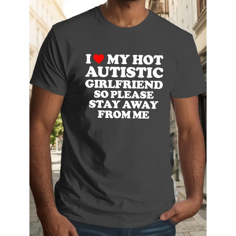 

I Love My Girlfriend" Men's Casual Short Sleeve T-shirt - Breathable Polyester, Geometric Print, Round Neck - Summer