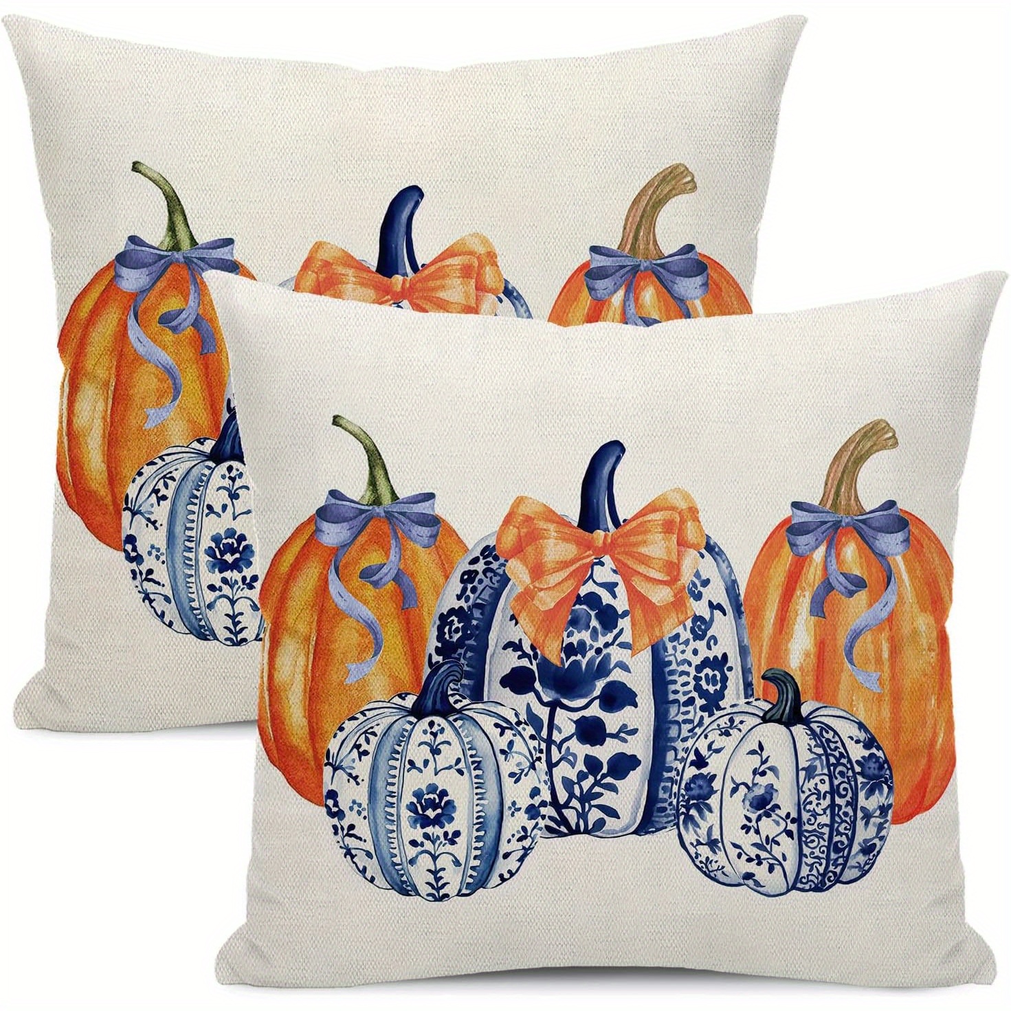 

2pcs Autumn Pumpkin Throw Pillow Covers, 18x18 Inches - Chinese Blue & Orange, Zip Closure, Machine Washable For Outdoor & Farmhouse Decor