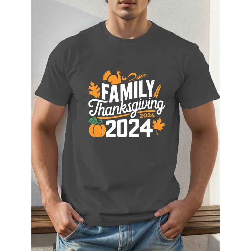 

Thanksgiving 2024 T-shirt - 100% Polyester, Casual Geometric-pattern Crew Neck Tee, Knit Fabric With Slight Stretch For Adults, Regular Fit Short Sleeve Top For Summer