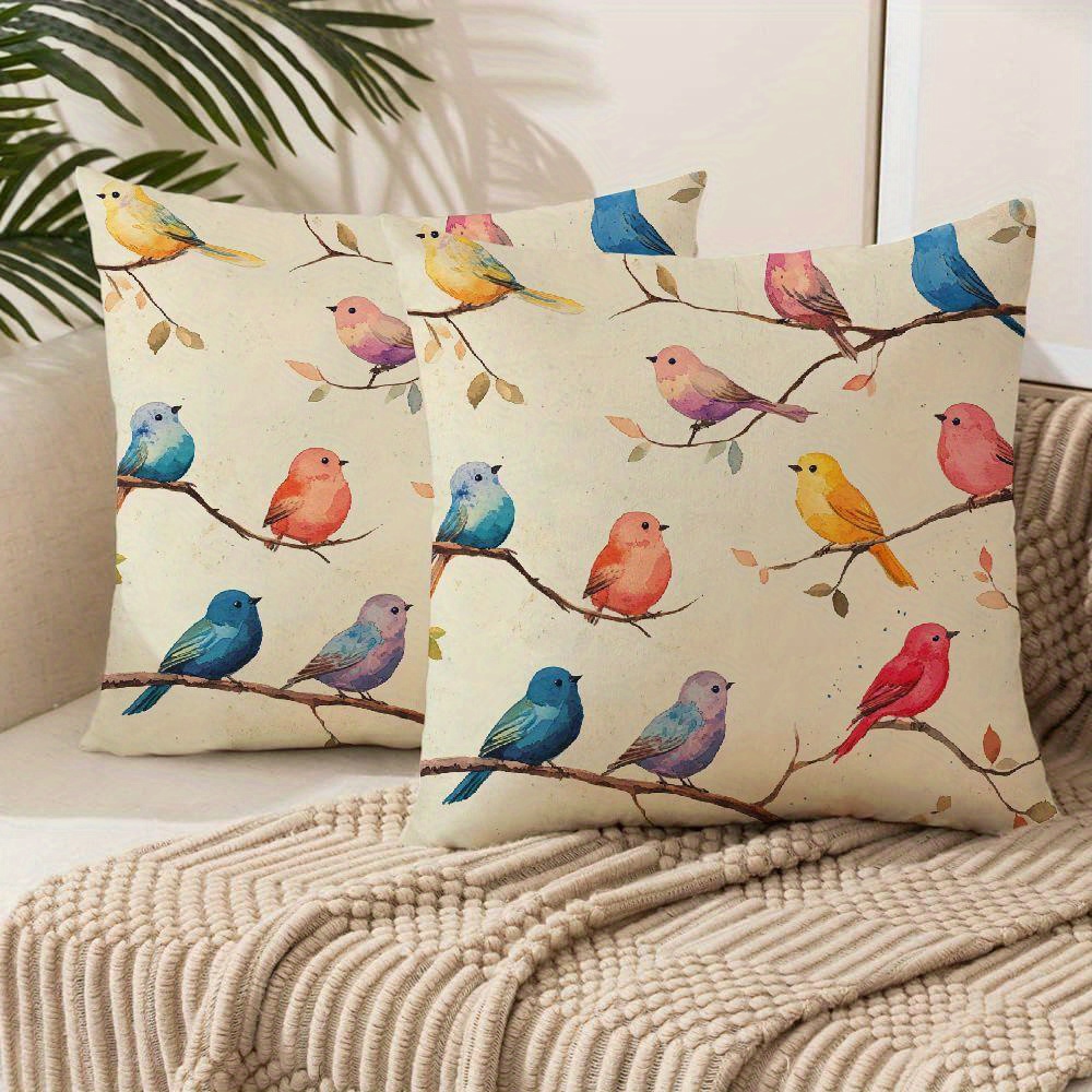 

2-pack Bird Print Throw Pillow Covers With Zipper Closure, Polyester Decorative Cushion Cases For Sofa And Living Room, Machine Washable, Contemporary Style - 18x18 Inches