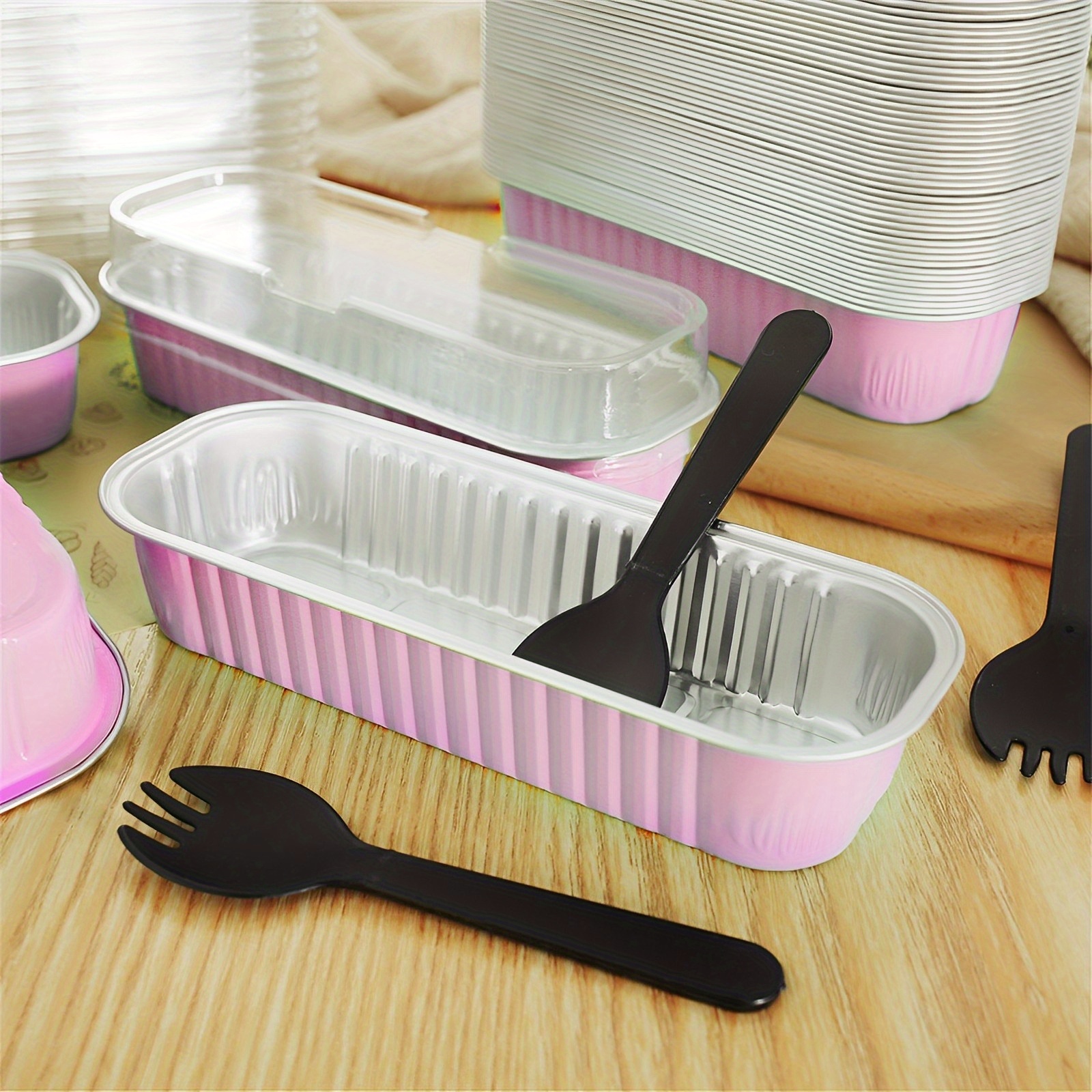 150pcs mini cake pans set with lids fork spoons 200ml non stick aluminum foil loaf pans reusable baking cups bpa free stackable for kitchen party details 2