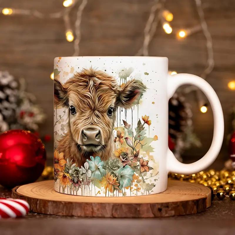 

1pc 11oz Highland Cow And Ceramic Mug Portable Wide Mouth Coffee Mug For Cafes Eid Mubarak