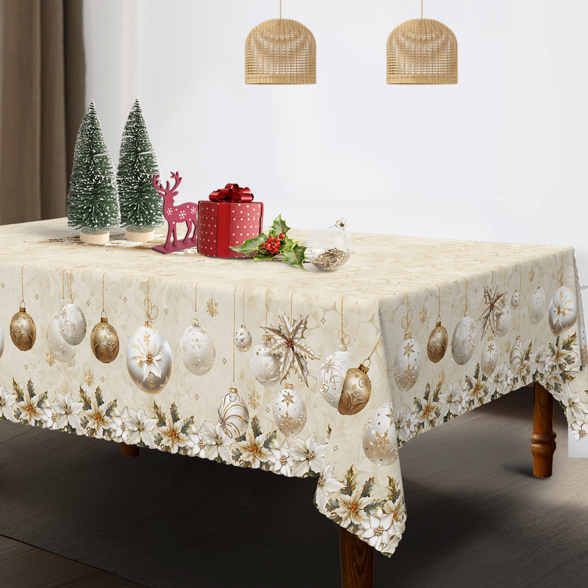 

Christmas Holiday Tablecloth With Golden And - 100% Polyester, Rectangular, Woven, Machine-made, Waterproof, Wrinkle-resistant, Scratch-proof - Indoor/outdoor Parties And Home Decor (pack Of 1)