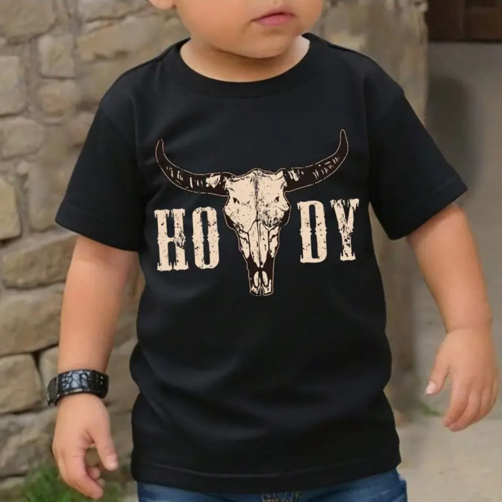 

Crow Boy & Printed Round Neck T-shirt, Simple & Casual Western Style Outfit For Young Boys, Suitable For Summer