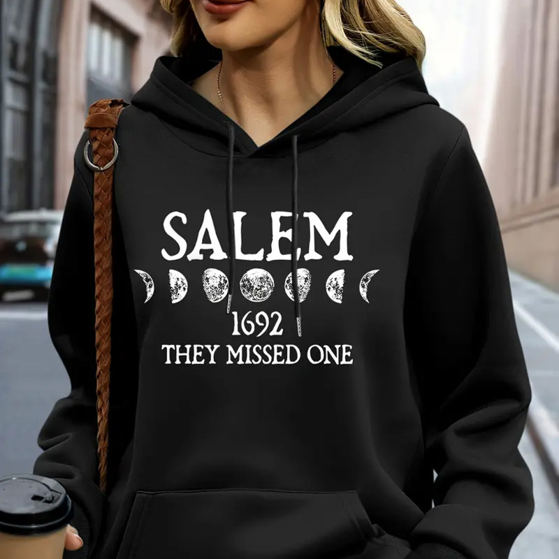 

Salem 1692 Hoodie Sweatshirt With Geometric Moon Pattern - Casual Polyester Hooded Pullover For Women, Knit Fabric, Hood Neck, Unisex Fall/winter Apparel