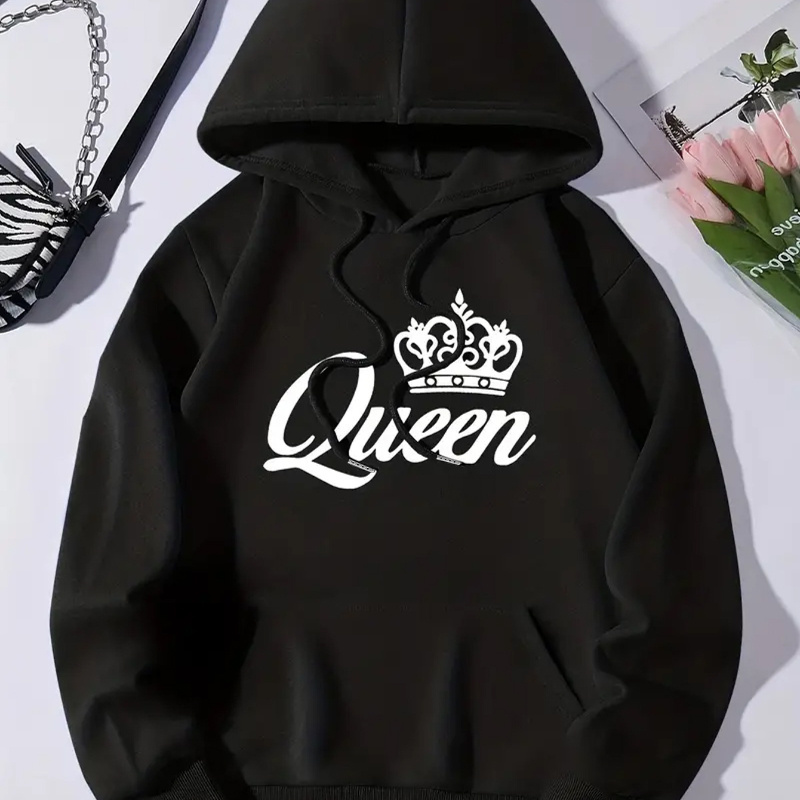 

Women's Casual Hoodie Sweatshirt With "queen" Lettering And Geometric , Polyester Hooded Pullover With Drawstring, Knit Fabric, For Fall/winter Season