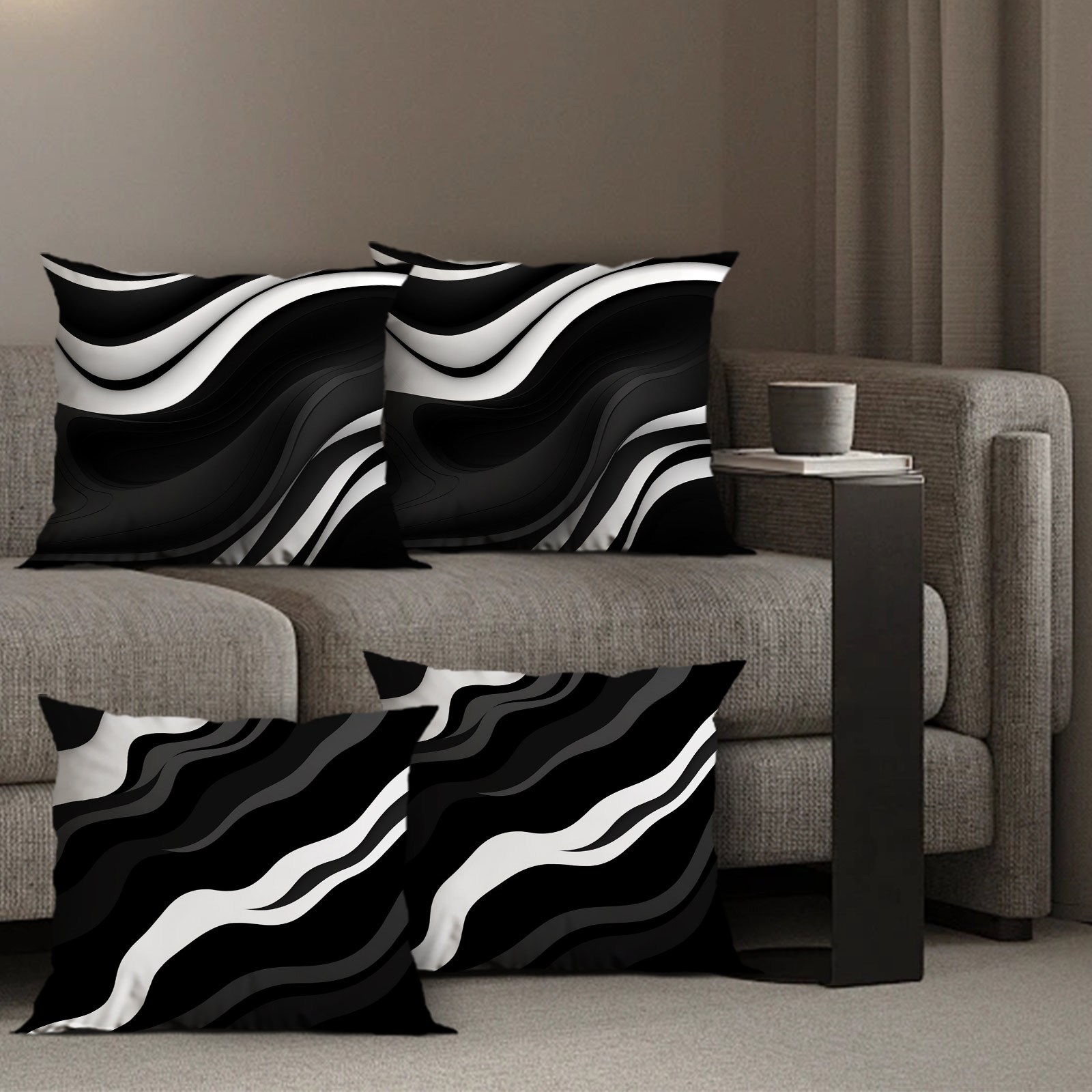 

Ensemble de 4 housses de coussin à motif d'ondes noires et blanches – Polyester tissé de style bohème avec fermeture éclair pour , , à coucher, , – Housse de coussin décorative lavable en machine