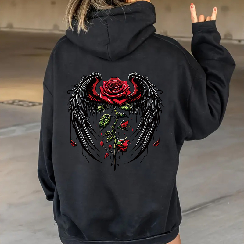 

Women's Casual Hooded Sweatshirt With Geometric And Floral Print - 100% Polyester Knit Fabric Hoodie For Fall/winter Season, Pullover With Drawstring And Hood - Black