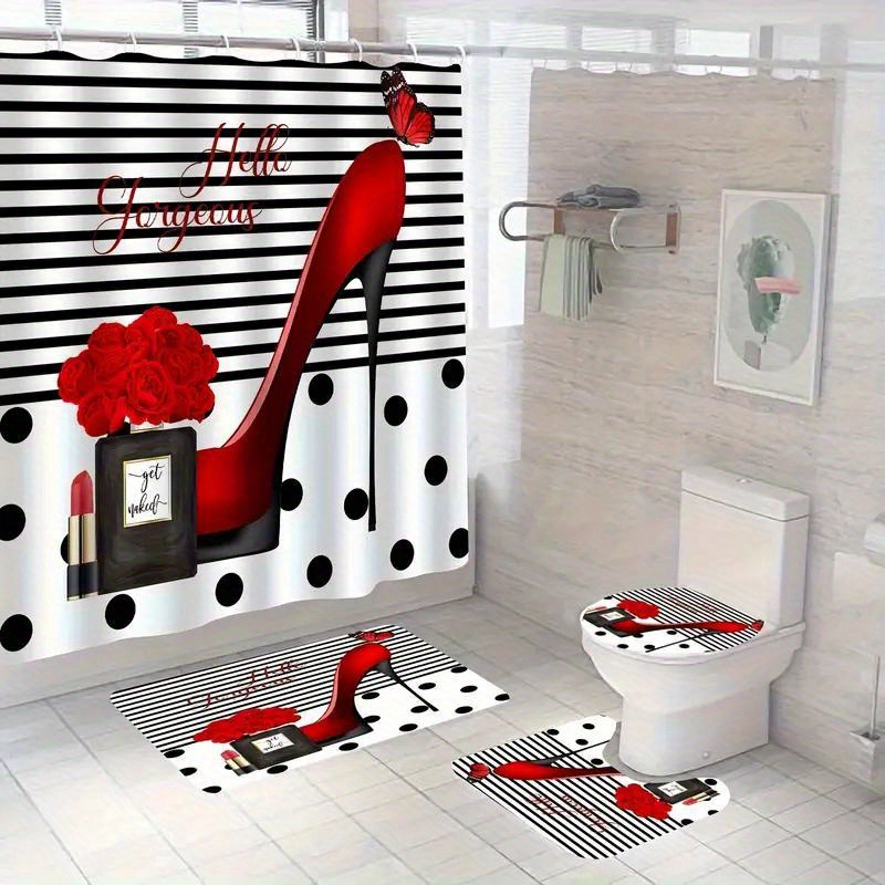 

1/3/4pcs Set Of Red And Shower Curtain Set Carpet, Red And Bathroom Decoration, Bathroom Accessories Including Bathroom Carpet, U-shaped Pad, Pad, 180x180cm Shower Curtain 12