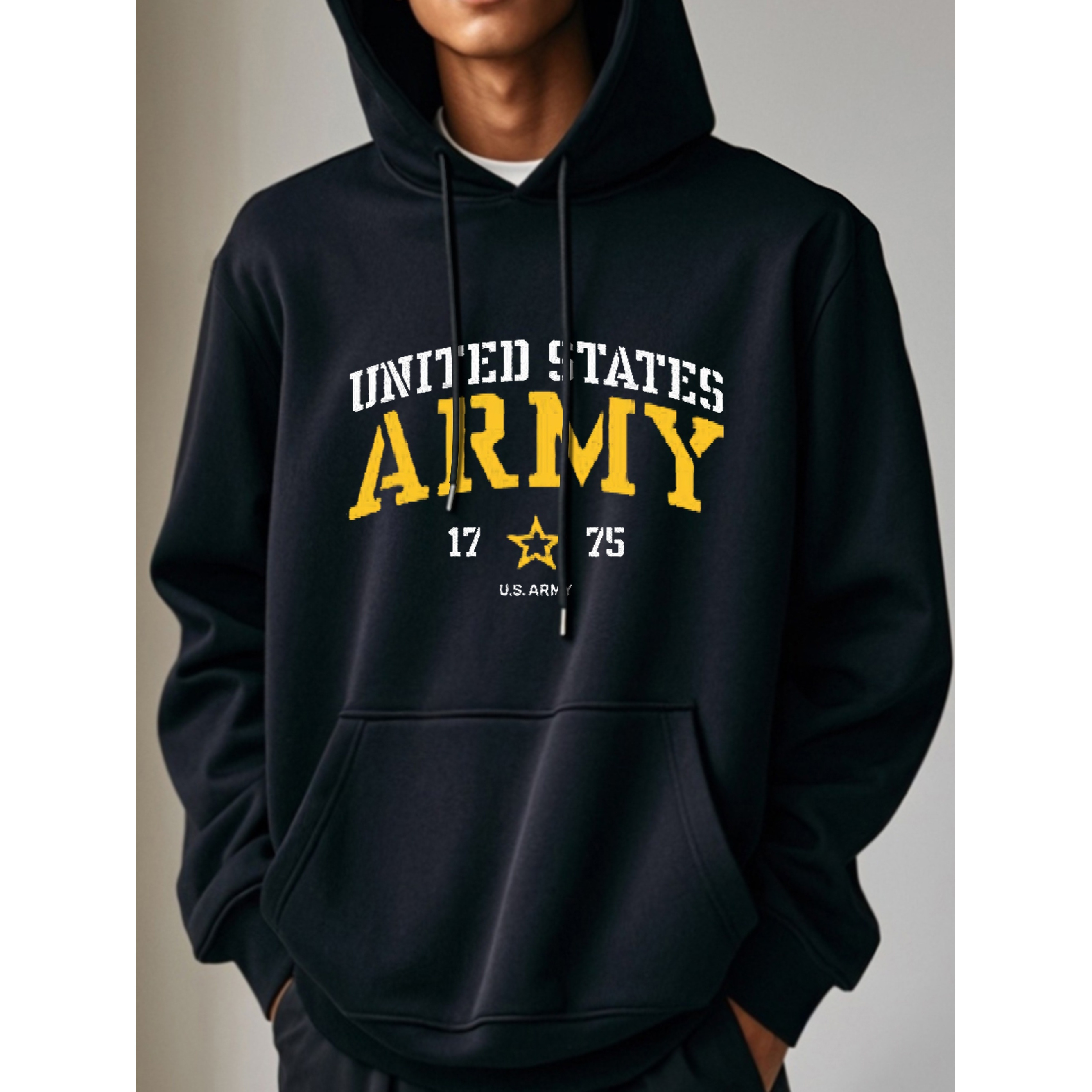 

1775 Salute Men's Comfortable Black Crew Neck Pullover Hoodie Oversized Drawstring Pocket Autumn And Winter