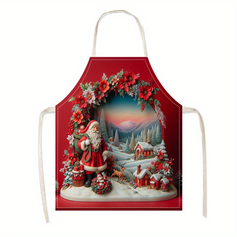 

1pc Christmas Modern Apron For Men And Women, Woven Linen Material, Home Kitchen Supplies, Festive Design With Santa Claus And Winter Scene