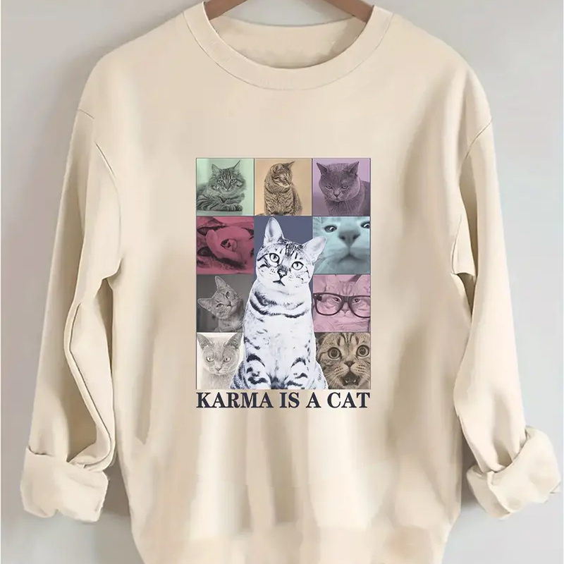 

Karma Cat Print Sweatshirt, Crew Neck Casual Sweatshirt For Winter & Fall, Women's Clothing