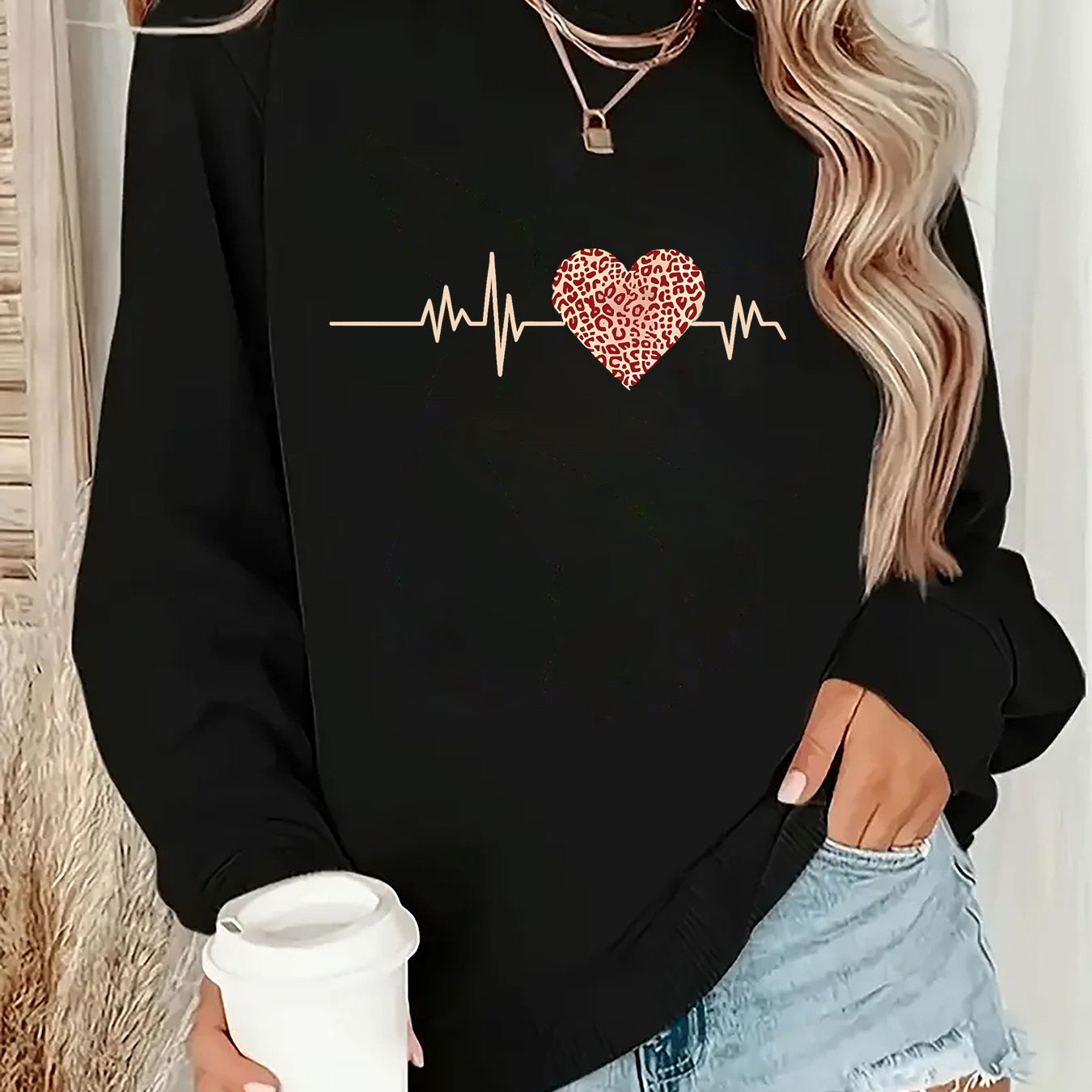 

Women's Fashion Casual Sports Suit With Heartbeat Ecg Print And Thickened Sports Sweatshirt