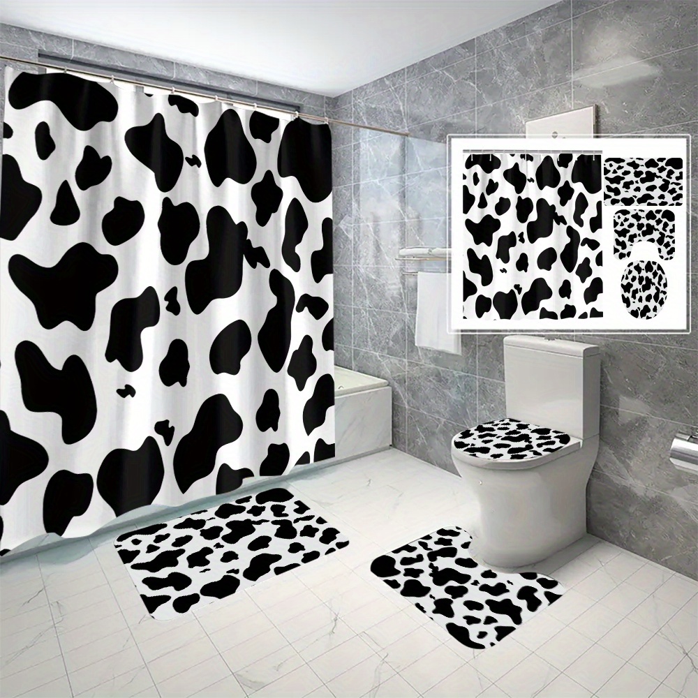 

Cow Print Bathroom Set With Water-resistant Polyester Bath Divider, Machine Washable, Includes C-type Hooks, Features Animal - In 1pc/2pc/3pc/4pc/6pcs Options