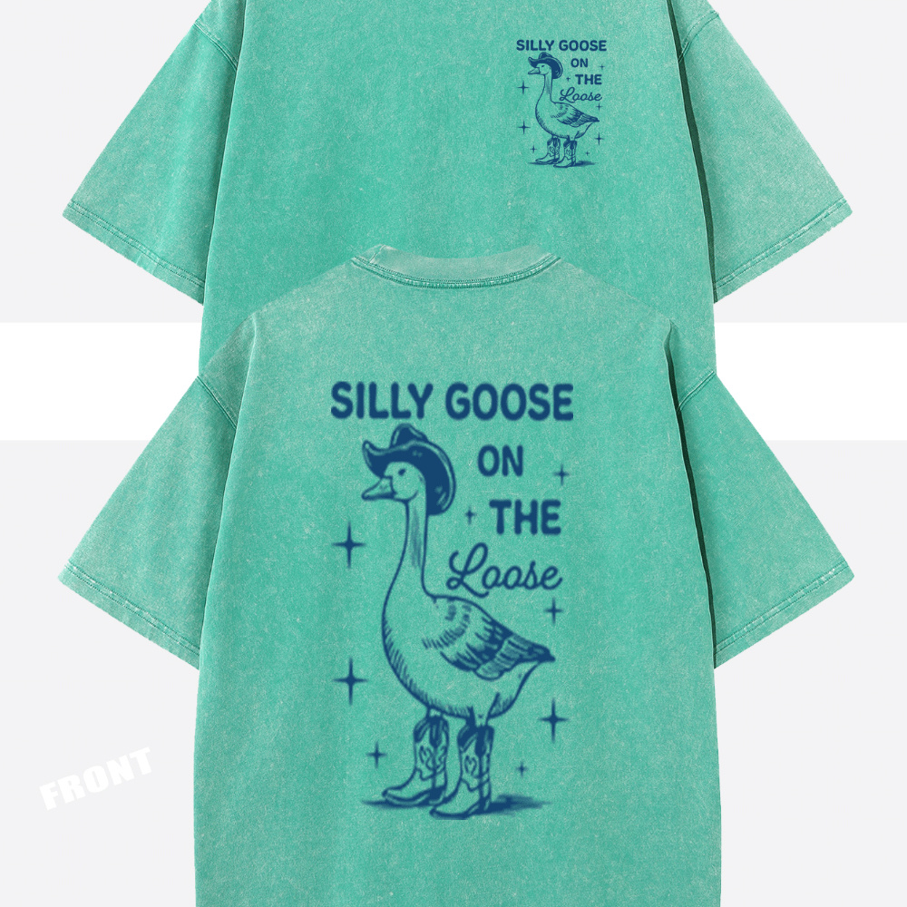 

Silly Goose Letters Design Printed Cotton, Oversize Shoulder Retro Loose Hip-hop Men's And Women's Tops Autumn Summer Do Old Washed T-shirt Short Sleeve Round Neck T-shirt