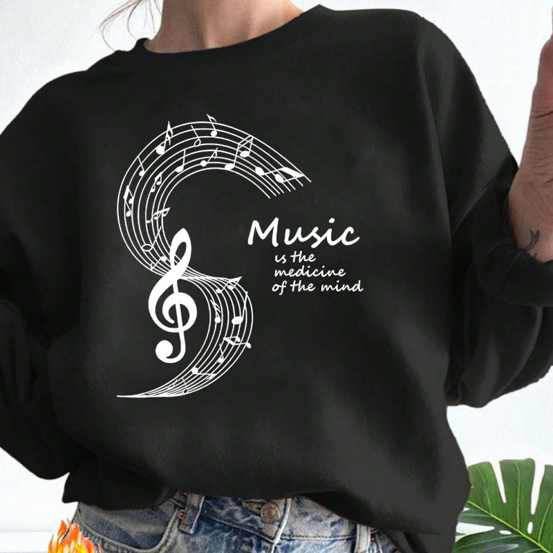 

Women's Cozy Fleece-lined Sweatshirt With Trendy Music Note & Letter Design - Casual Crew Neck Long Sleeve Pullover