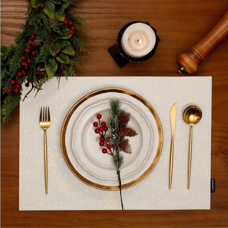 4pcs white placemats golden snowflake placemats suitable for   party   heavy duty soft farmhouse placemats Product details 4