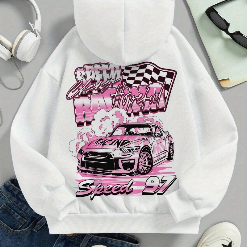 

Casual Knit Polyester Hoodie For Women With Car And Alphabet Print - Hooded Pullover With Drawstrings For Fall/winter Season - In A Sporty Design