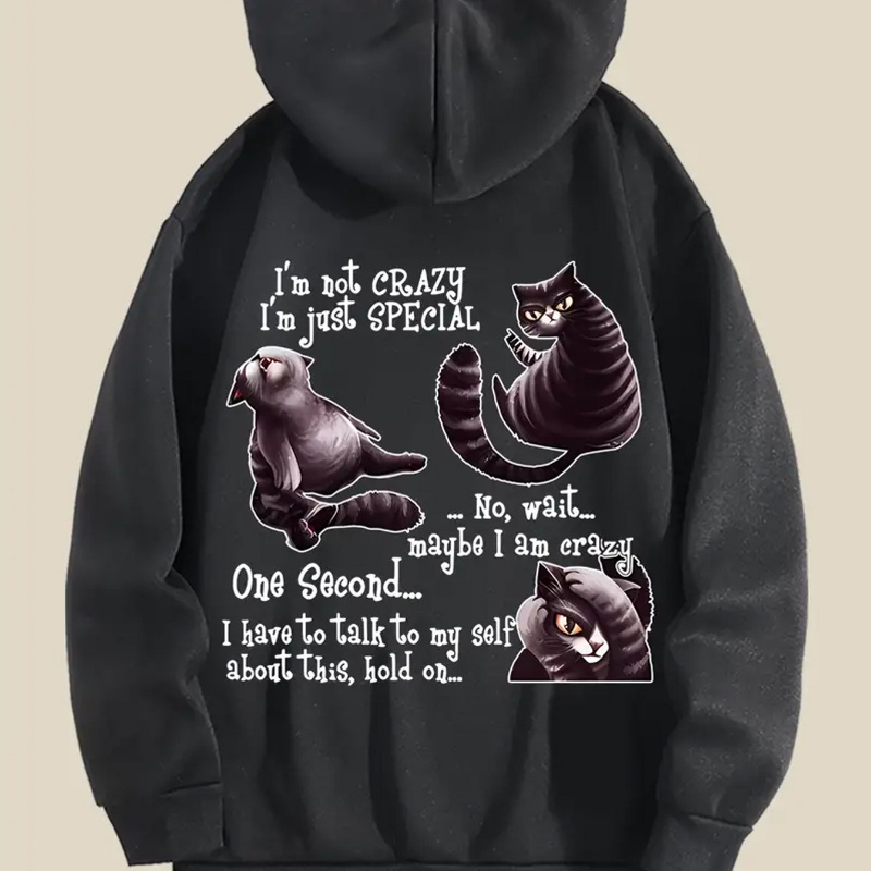 

Casual Knit Polyester Hoodie For Women With Cat And Words Graphic, Long Sleeve Hooded Sweatshirt For Fall/winter