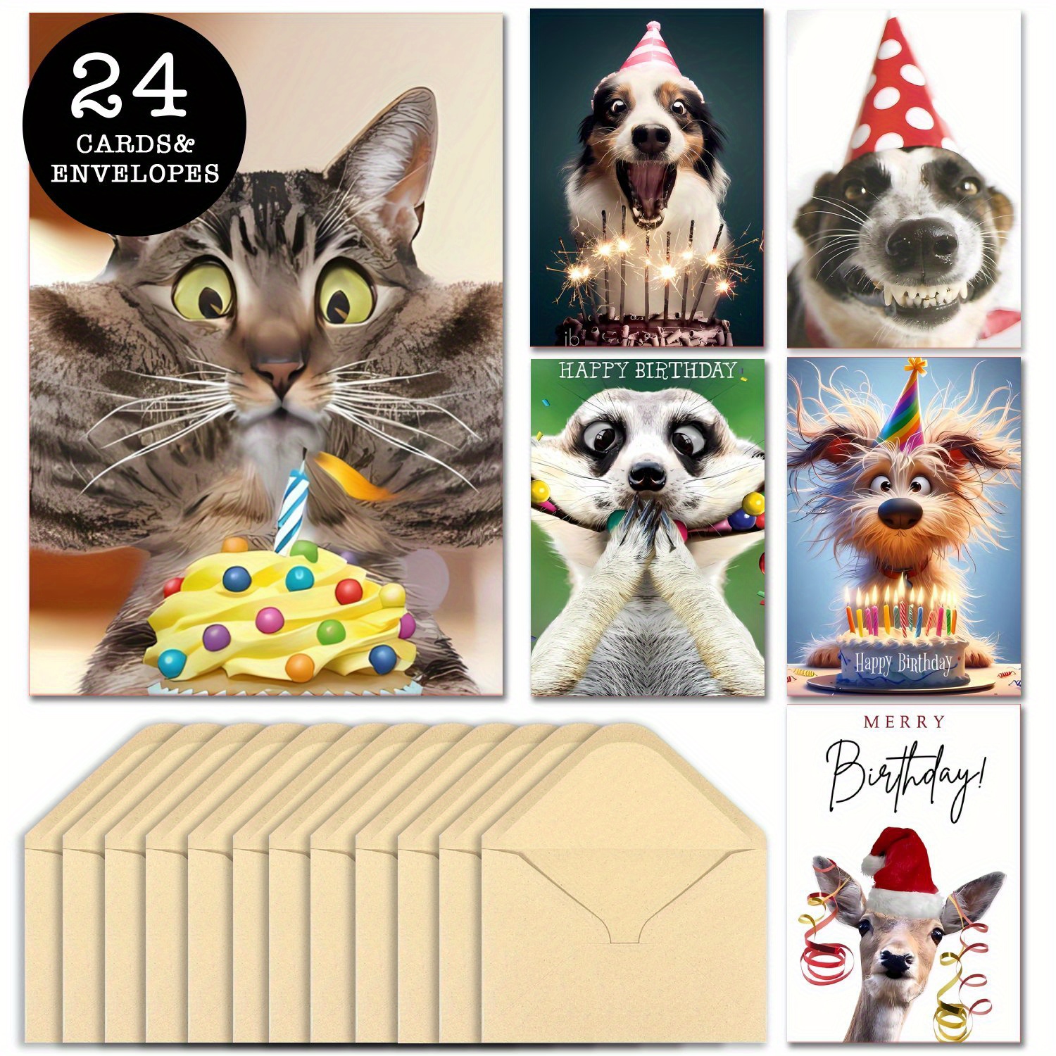 

24-pack Assorted Animal Birthday And All-occasion Greeting Cards With Envelopes, Suitable For Anyone - Includes Christmas, Thank You, Congratulations, And Miss You Themes