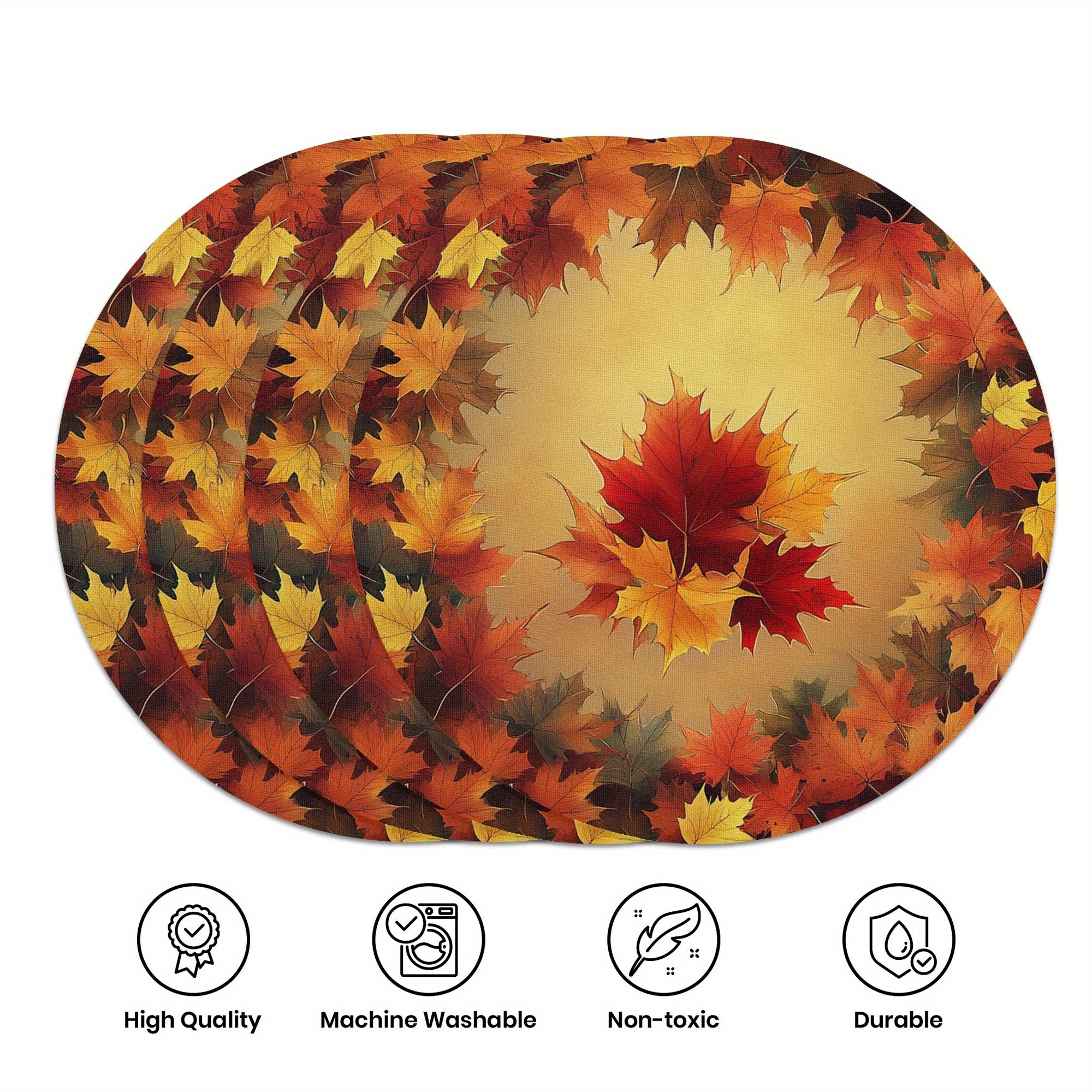 

4-piece Autumn Thanksgiving Round Place Mats, 15" Woven Polyester, Slip-resistant And Heat-resistant, Fall Leaf Pattern, Ideal For Decor And Furniture Protection