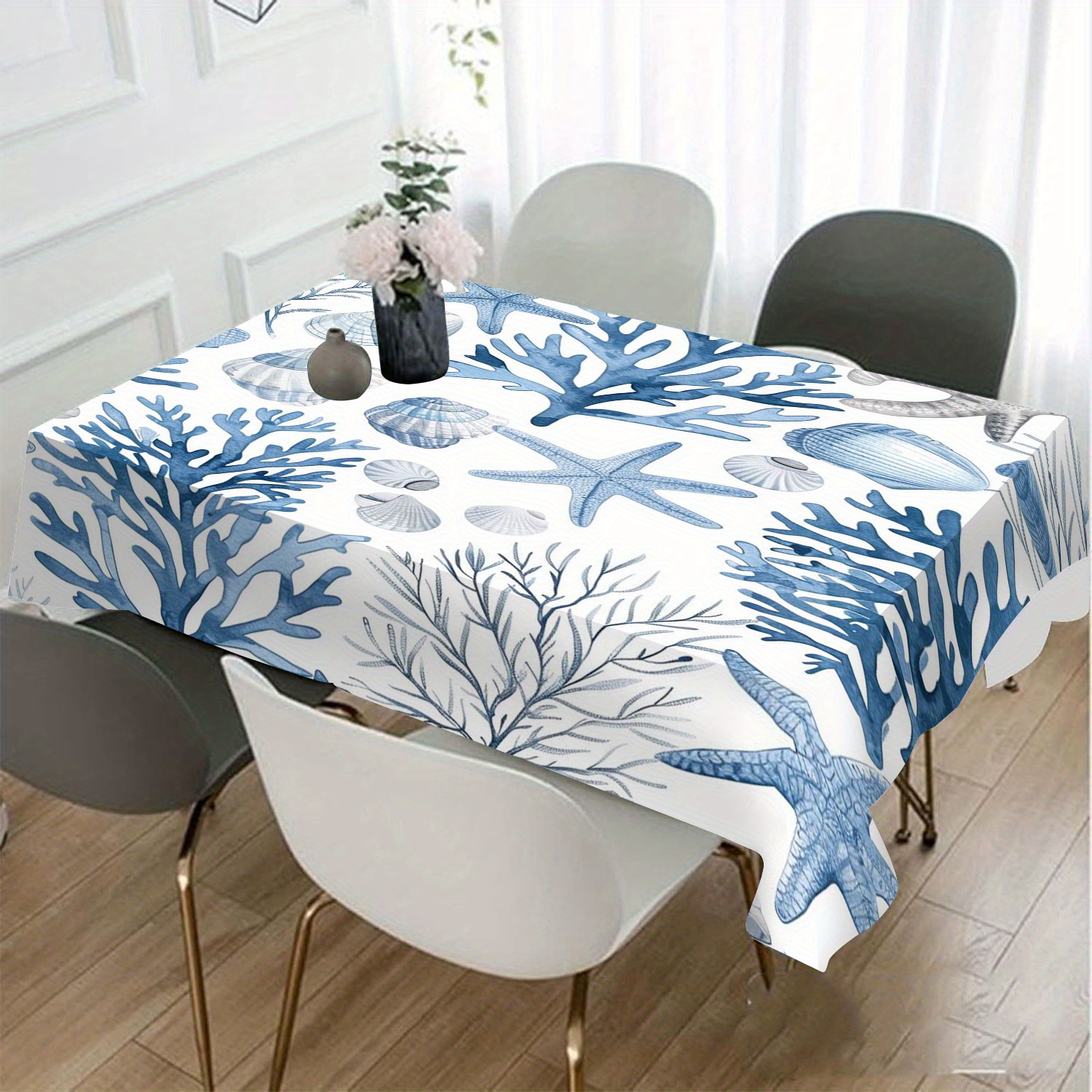 

Blue Starfish & Shell Tablecloth, Polyester Dustproof Table Runner, Rectangular Decorative Cover For Dining Room, Living Room, Kitchen, Machine Made, Floral Pattern