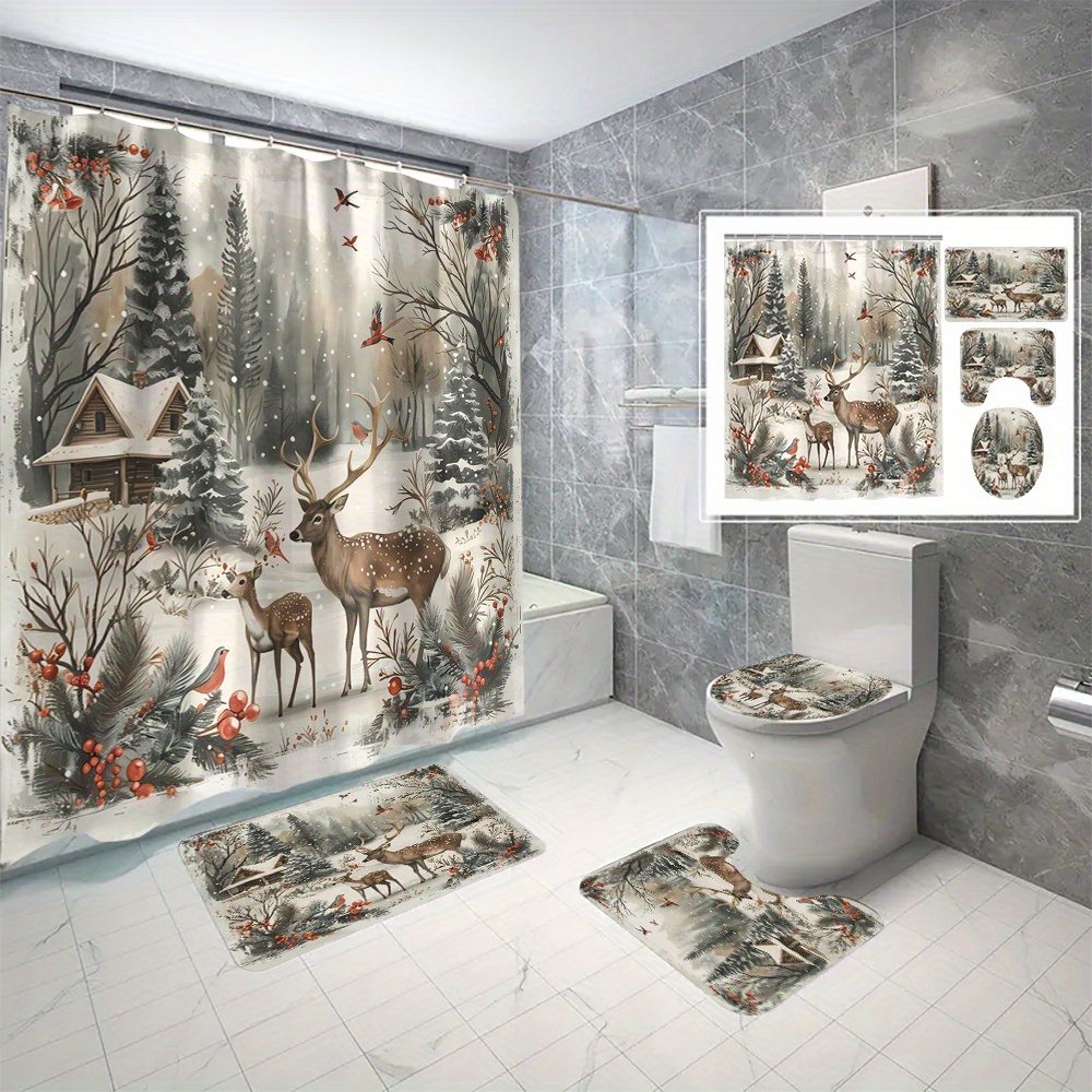 

Open 1pc/2pcs/3pcs/4pcs/6pcs Snowy House Elk A Polyester Waterproof Shower Curtain No Punching Bathroom Curtain