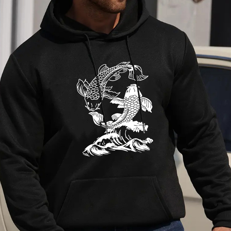 

Men's Fall/winter Casual Hooded Sweatshirt With Koi Fish Print, Knit Fabric Polyester Hoodie With Kangaroo Pocket & Long Sleeves - Regular Fit Slight Stretch Pullover Fashion Hooded Sweatshirt