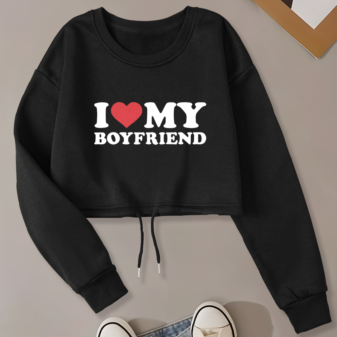 

Casual Crew Neck Pullover Sweatshirt With "i ❤️ My Boyfriend" Print – 100% Polyester Knit Fabric, Lightweight Stretch For Comfort, Ideal For Spring/summer/fall