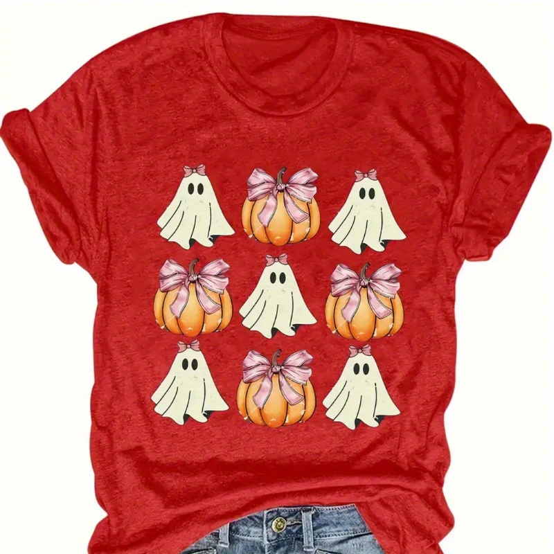 

Casual Geometric Pumpkin & Print T-shirt For Women - Polyester Knit Fabric, Round Neck, Regular Fit, Comfort