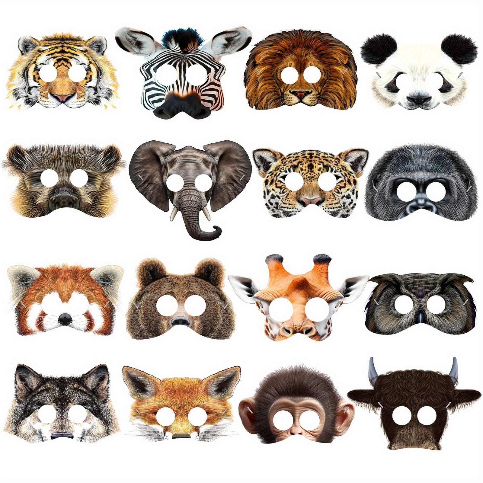 

16pcs Realistic Animal Paper Masks, Assorted Jungle Party Decorations, Disposable No-feather Costume Accessories For Themed Events, Animal Mask