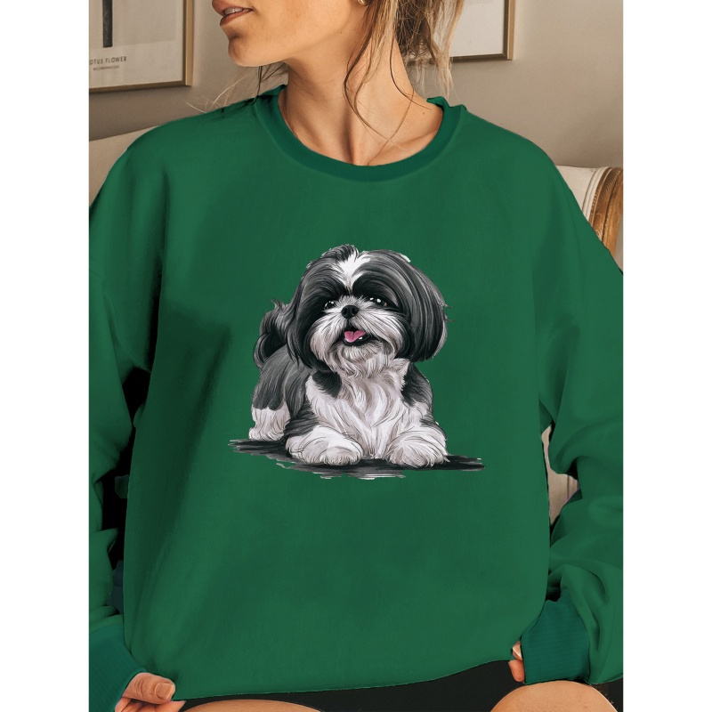 

Dog Print Pullover Sweatshirt, Casual Long Sleeve Crew Neck Sweatshirt For Fall & Winter, Women's Clothing