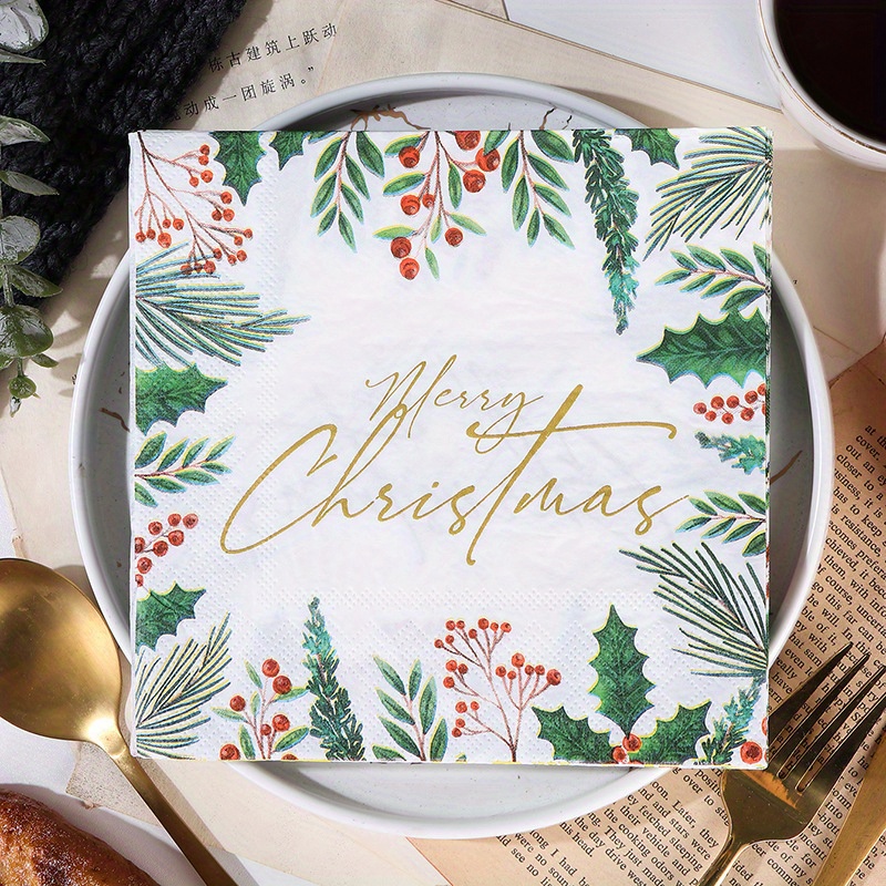 Image of Set Of 20 Christmas Holly Leaf Themed Paper Napkins, Perfect For Holiday Meals And Party Decorations For Christmas For Halloween、christmas