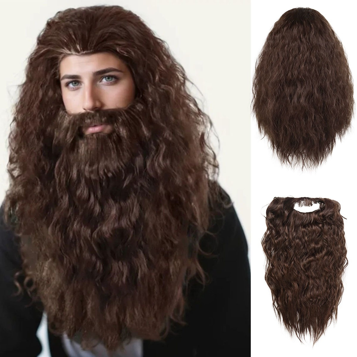 

Dumbledore-inspired Long Curly Wizard Hair And Beard Set - Synthetic, Brown Costume Accessory For Men - & Christmas Cosplay