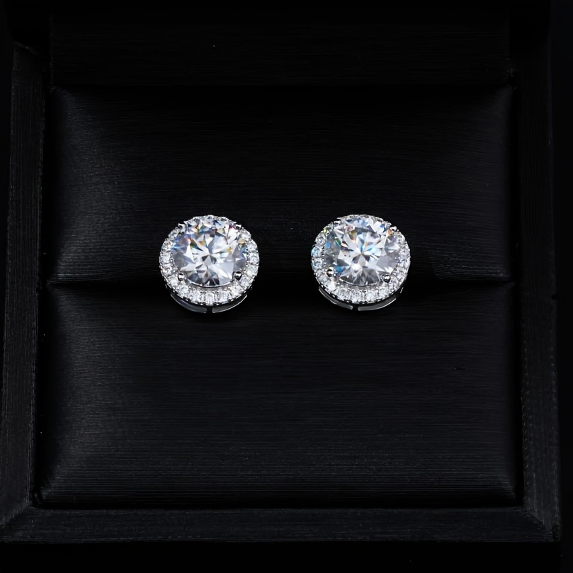 TEMU A Pair Of 2-carat Vvs1 Moissanite Earrings - Mature Style, 925 Sterling Silvery Earrings, Suitable For Men And Women's Natural Round Cut Gemstones