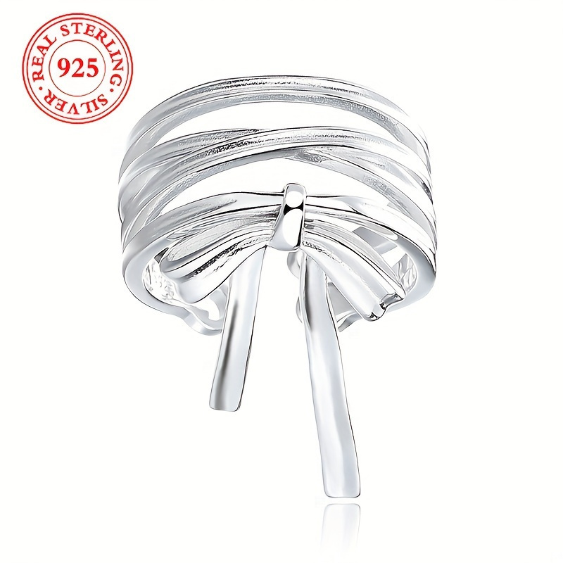 TEMU Chic 925 Sterling Silvery Bowknot Ring - Adjustable, Design For & Party Wear