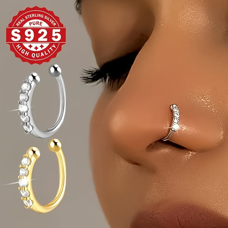 TEMU 2pcs Bohemian Nose Ring, 925 Sterling Silver With Cubic Zirconia No Piercing Needed, Fashion Hip Hop Accessory