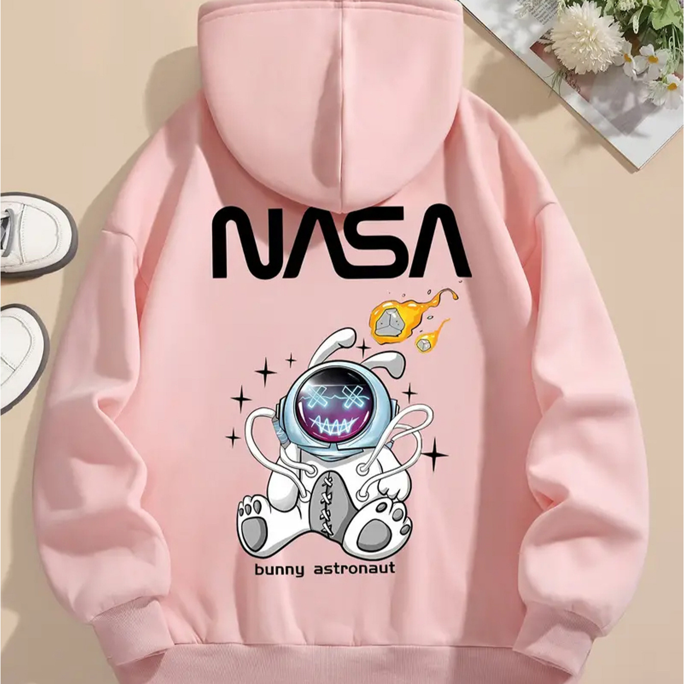 

Women's Casual Pullover Hoodie, Nasa Bunny Astronaut Print, Knitted Polyester, Drawstring, Winter & Autumn Fashion, Hooded Sweatshirt